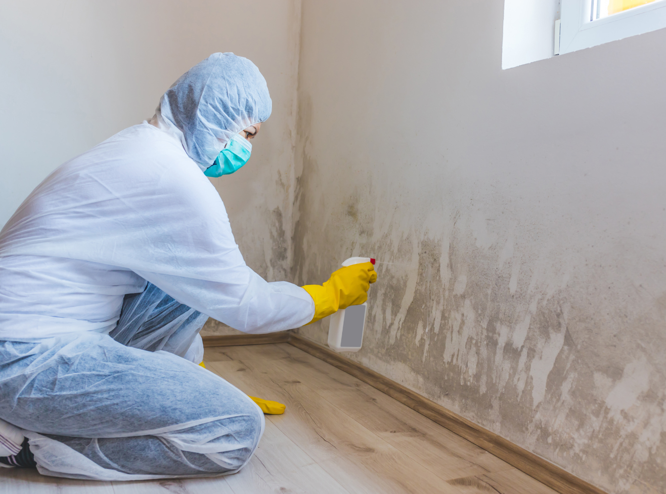 a person in protective cleaning clothes spraying a mold-covered wall