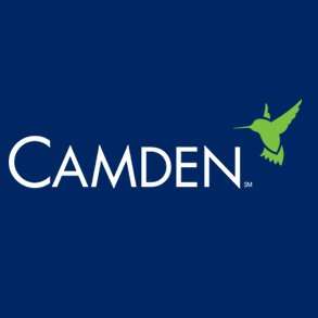 Blue background with white text reading "Camden" and a green hummingbird outline overtop