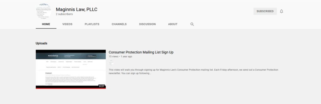 screen shot of the maginnis law youtube channel overview