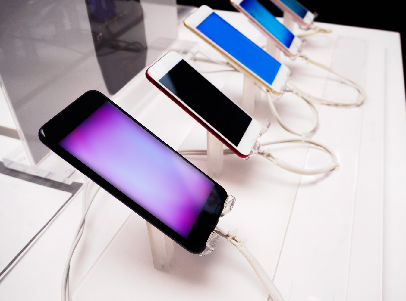 cell phones on display in a store